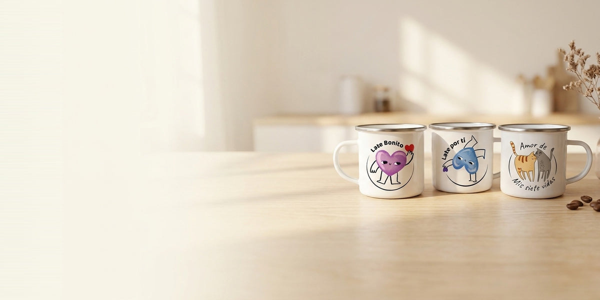 Vasos de peltre de la línea Amor y Amistad sobre una mesa de madera